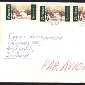 1¢ Jefferson pair and (three) 6¢ Xmas on cover to Iceland 12/17/1969