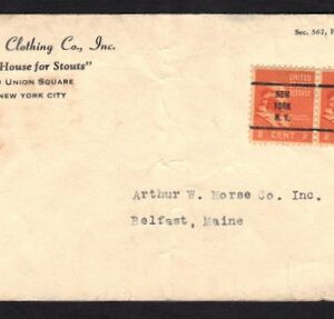 1/2¢ Franklin Prec. pair on cover from Manleigh Clothing Co.